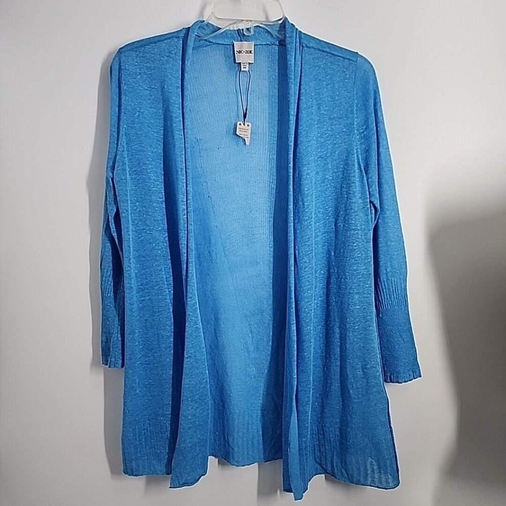 NEW Nic +Zoe Size PP Petite Small Linen Blend Cardigan Sweater Blue Womens